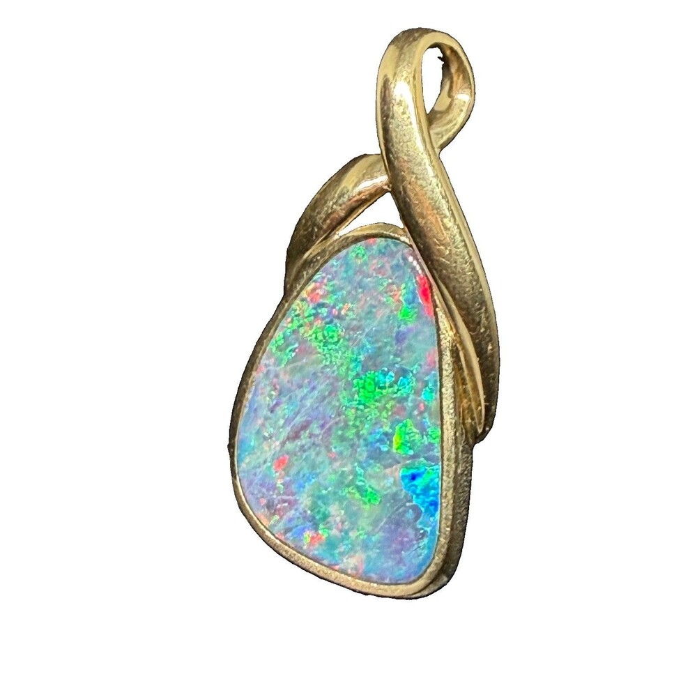 Real 14K Yellow Gold Multicolor Natural Opal Teardrop Pendant, Signed